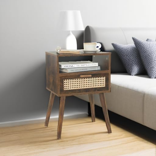 MaxSmeo Mid Century Nightstand, Rattan Side Table with Drawer, Wood Modern Bedside Table for Bedroom, Living Room and Small Spaces (Rustic Brown)