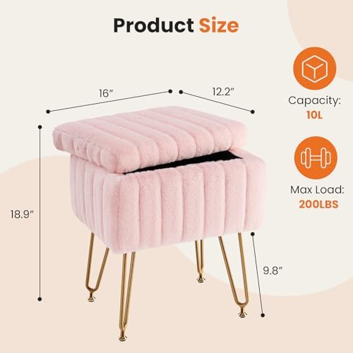 OLIXIS Vanity Stool Chair Faux Fur with Storage, Soft Ottoman 4 Metal Legs with Anti-Slip Feet, Makeup Cute Soft Small Footstool, Modern Style Faux Fur Seat for Makeup, Bedroom Dresser, Blush - Image 2