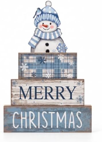 Lineshading 4 Pcs Christmas Table Decor, Blue Snowman Wooden Block Signs by Lineshading