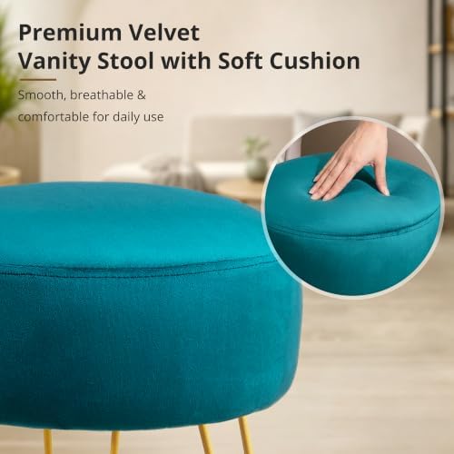 LUE BONA Vanity Stool, Teal Vanity Stools for Makeup Room, Round Ottoman Foot Stool, Velvet Footrest Vanity Chair for Bathroom Vanity, Bedroom, Living Room, Entryway, Offices, 300lbs - Image 6