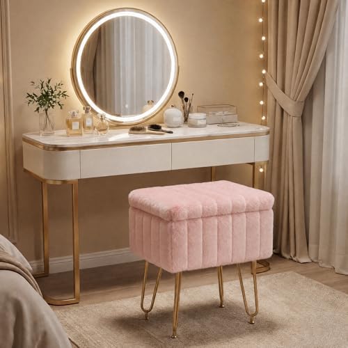 OLIXIS Vanity Stool Chair Faux Fur with Storage, Soft Ottoman 4 Metal Legs with Anti-Slip Feet, Makeup Cute Soft Small Footstool White for Makeup, Cute Small Footrest for Dressing Table - Image 5