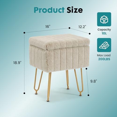OLIXIS Vanity Stool Chair Faux Fur with Storage, Soft Ottoman 4 Metal Legs - Image 2