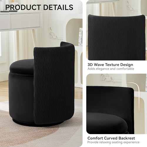 WUTUTUEE Velvet Vanity Chair with Storage, 360° Swivel Makeup Chair with Wave Back, No Assembly Small Accent Stool for Bedroom, Dressing, Living Room, Black - Image 3