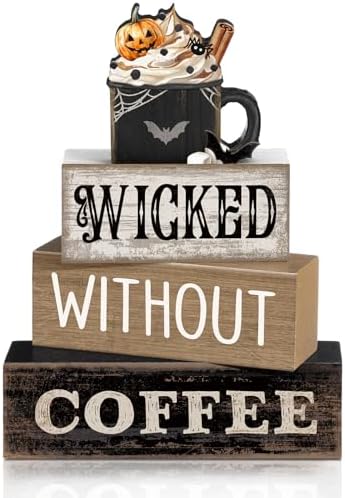 Lineshading 4 Pcs Halloween Coffee Table Decor, Gothic Black Wood Sign Home by Lineshading