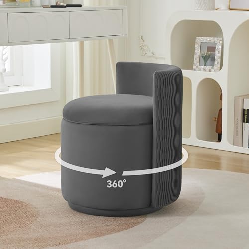 WUTUTUEE Velvet Vanity Chair with Storage, 360° Swivel Makeup Chair with Wave Back, No Assembly Small Accent Stool for Bedroom, Dressing, Living Room, Grey by WUTUTUEE