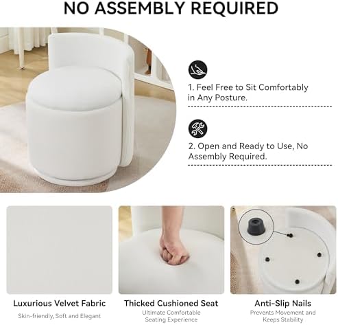 WUTUTUEE Velvet Vanity Chair with Storage, 360° Swivel Makeup Chair with Wave Back, No Assembly Small Accent Stool for Bedroom, Dressing, Living Room, White - Image 4