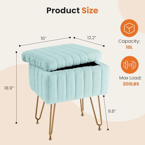 OLIXIS Vanity Stool Chair Faux Fur with Storage, Soft Ottoman 4 Metal Legs - Image 3