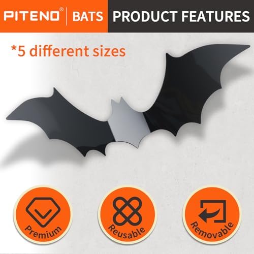 Piteno® 140Pcs Bats Halloween Decorations Party Supplies, Realistic PVC 3D Black Scary Bat Stickers for Creepy Home Decor Halloween Party Decorations DIY Wall Window Decal Bathroom Indoor - Image 3