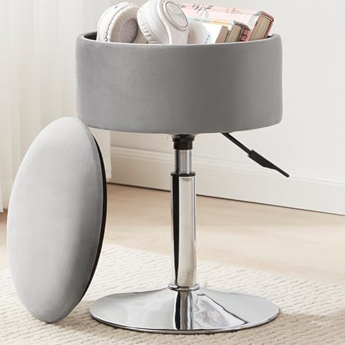 Adjustable Vanity Stool with Storage Swivel Vanity Chair Makeup Stool Grey by RUCUKEN