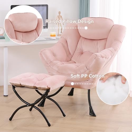 Tiita Lazy Chair with Ottoman, Comfy Reading Accent Chair, Velvet Pink - Image 4