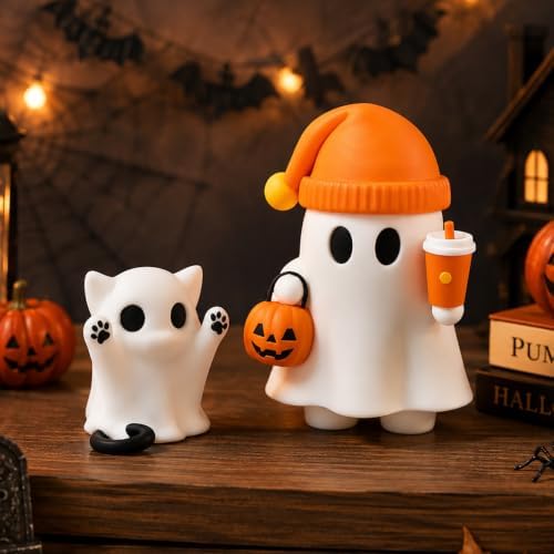 Cute Cat Halloween Ghost Figurine with Pumpkin Bucket and Orange Drink by Unknown
