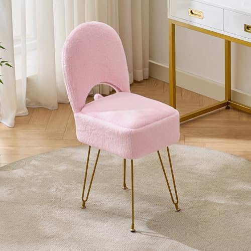 Gitrah Pink Vanity Chair with Storage, Folding Back Faux Fur Vanity Stool, Makeup Ottoman with Gold Legs for Bedroom/Bathroom - Image 7