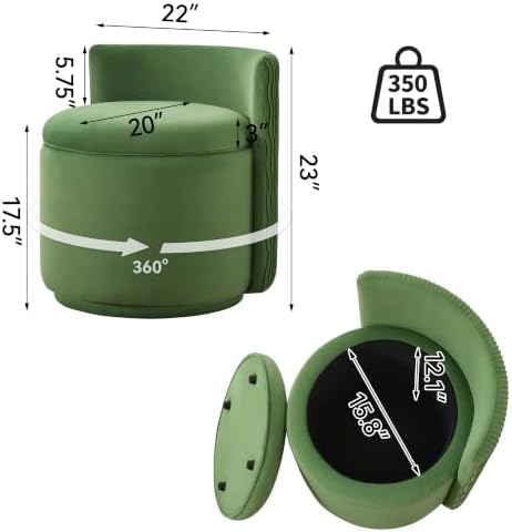 Large Velvet Vanity Chair, 360° Swivel Makeup Chair with Storage, Green - Image 2