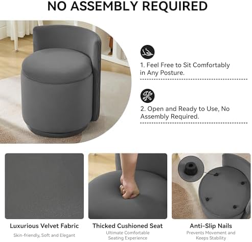 WUTUTUEE Velvet Vanity Chair with Storage, 360° Swivel Makeup Chair with Wave Back, No Assembly Small Accent Stool for Bedroom, Dressing, Living Room, Grey - Image 4