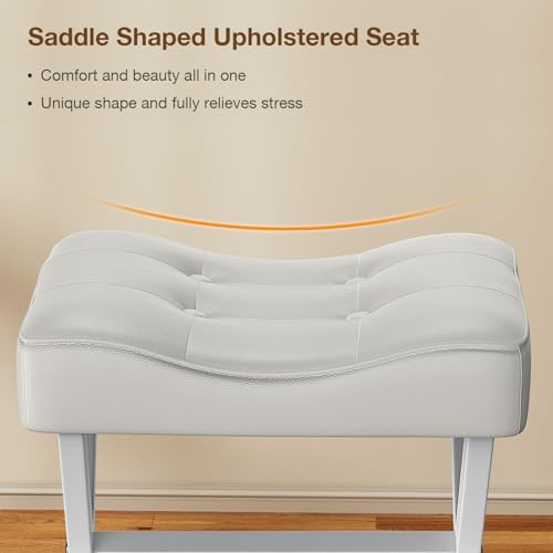 Memobarco 18-Inch Large Leather Vanity Stool Chair, White Makeup Stool - Image 3