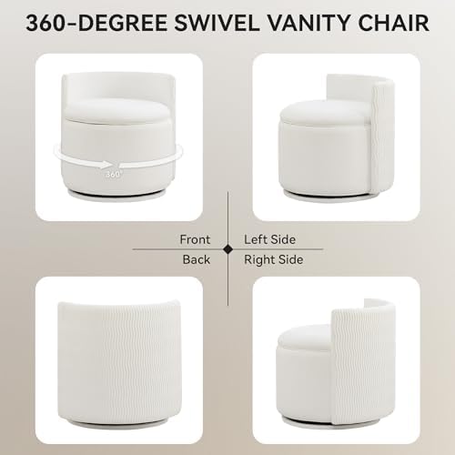 WUTUTUEE Large Velvet Vanity Chair with Storage, 360° Swivel Makeup Chair with Wave Back, No Assembly Small Accent Stool for Bedroom, Dressing, Living Room, White - Image 6