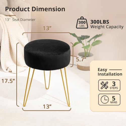 LUE BONA Vanity Stool, Black Vanity Stools for Makeup Room, Round Ottoman Foot Stool, Velvet Footrest Vanity Chair for Bathroom Vanity, Bedroom, Living Room, Entryway, Offices - Image 3