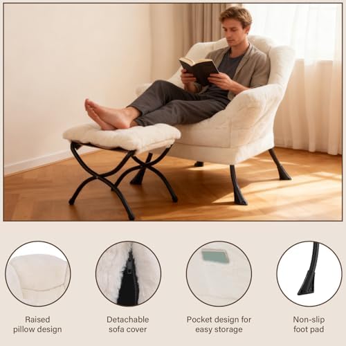 Welnow Lazy Chair with Ottoman, Reading Chair with Footrest, Cream - Image 4