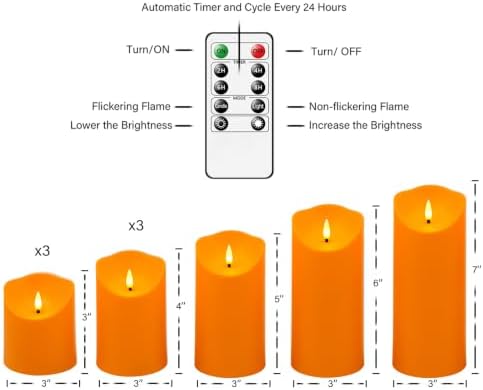 Nimiko Flameless Candles with Remote, Battery Operated Flickering Flameless Candles, LED Candles with Timer 2/4/6/8H, with Realistic LED Candles Set of 9 (D3 x H 3" 4" 5" 6" 7") (Orange) - Image 2