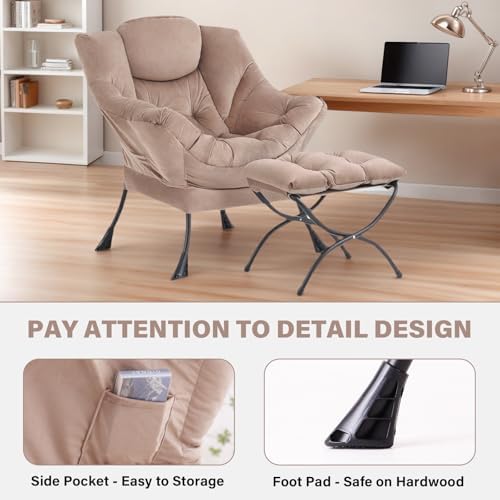 Tiita Lazy Chair with Ottoman, Comfy Reading Accent Chair, Velvet Khaki - Image 5