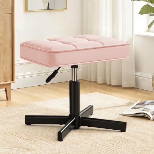 LUE BONA Adjustable Vanity Stool, 15''-19.5'' Foot Rest Under Desk, 360° Swivel Vanity Chair for Makeup Room, Pink Upholstered Faux Leather Ottoman for Bathroom & Living Room, 300lbs by LUEBONA