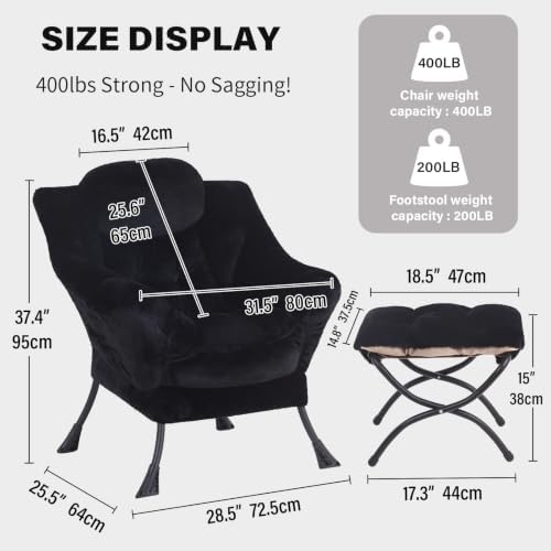 Tiita Lazy Chair with Ottoman, Comfy Reading Accent Chair, Plush Black - Image 2