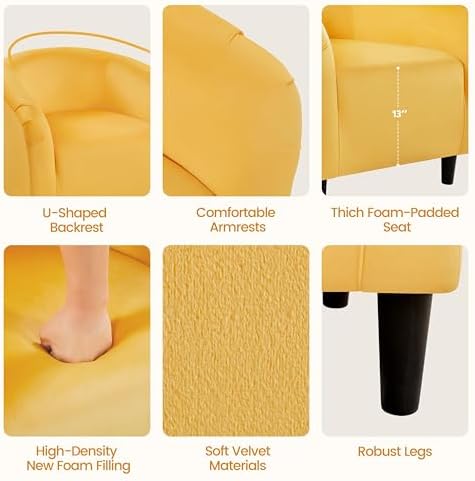 Yaheetech Small 25.5in Wide Velvet Barrel Accent Chair Bedroom, Yellow - Image 5