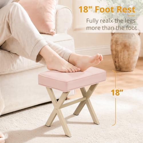 LUE BONA Vanity Stool, Square Linen Makeup Stool with Metal X Legs, Small Ottoman Stool Chair for Vanity, Modern Padded Vanity Seat Foot Rest Stool for Makeup Room, Bathroom, Pink Color - Image 6