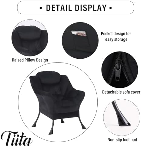 Tiita Lazy Chair, Black Modern Large Accent Armchair, Comfy Leisure Sofa Reading Chair for Bedroom, Living Room, Dorm Rooms, Garden and Courtyard, Black - Image 6