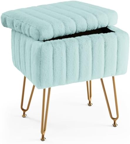 OLIXIS Vanity Stool Chair Faux Fur with Storage, Soft Ottoman 4 Metal Legs by OLIXIS
