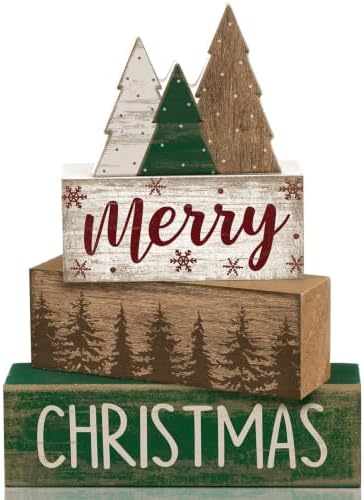 Lineshading 4 Pcs Christmas Table Decor Retro Christmas Tree Centerpiece with Buffalo Plaid Pattern Winter Tiered Tray Decor Rustic Wooden Pine Tree Xmas Decoration for Home Shelf Party Kitchen by Lineshading