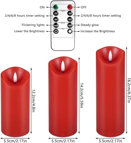 YOROXRG 24 Pack Christmas Decoration Flickering Flameless Candles,LED Candles Battery Operated Pillar Candles with Remote Control.for New Year, Home Decor, Parties,Wedding(D2.2 xH 5" 6" 7" Red) - Image 7