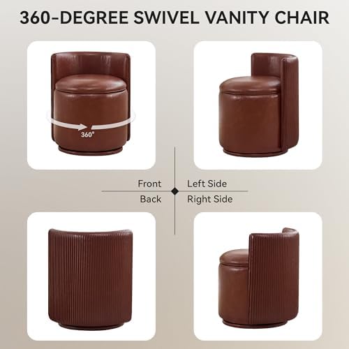 WUTUTUEE Faux Leather Vanity Chair with Storage, 360° Swivel Makeup Chair with Pleated Back, No Assembly Small PU Accent Stool for Bedroom, Dressing Room, Living Room, Brown - Image 6