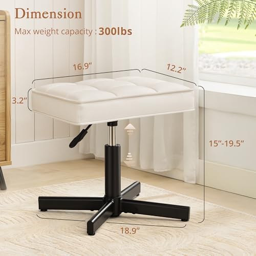 LUE BONA Adjustable Vanity Stool, 15''-19.5'' Foot Rest Under Desk, 360° Swivel Vanity Chair for Makeup Room, Cream Upholstered Faux Leather Ottoman for Bathroom & Living Room, 300lbs - Image 2
