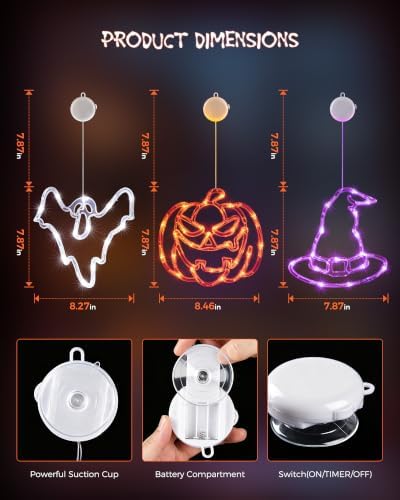 Minetom 3 Pack Halloween Windows Lights - Pumpkin, Ghost, Hat with Timer - Image 3