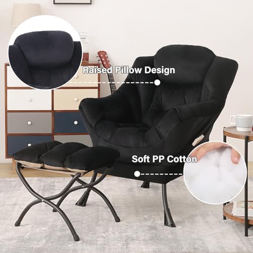 Tiita Lazy Chair with Ottoman, Comfy Reading Accent Chair, Velvet Black - Image 4