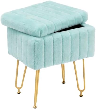 DUMOS Vanity Stool Chair, Ottoman with Storage, Makeup Cute Soft Small Footstool, Modern Style Faux Fur Seat with 4 Metal Legs & Adjustable Feet for Dressing, Living Room, Bedroom, Dorm, Sage by DumosLifestyle