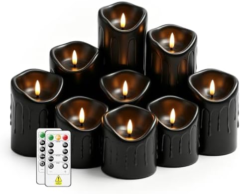 Nimiko Flameless Candles with Remote, Battery Operated Flickering Flameless Candles, LED Candles with Timer 2/4/6/8H, Realistic Drop Wax flameless Candle Set of 9 (D3 x H 3" 4" 5" 6" 7") (Black) by Nimiko