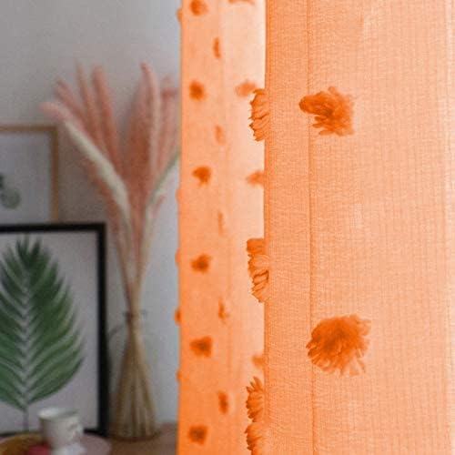 MYSKY HOME Orange Sheer Short Curtains with Pom Pom for Small Windows Bedroom Nursery Kids Girls Room Curtains Cafe Kitchen Light Filtering Boho Drapes, Rod Pocket,38 x 45 Inches, 2 Panels