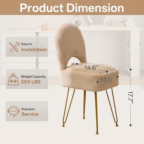 Gitrah Vanity Chair with Storage, Folding Back Faux Fur Vanity Stool, Makeup Ottoman with Gold Legs for Bedroom/Bathroom, Beige - Image 3