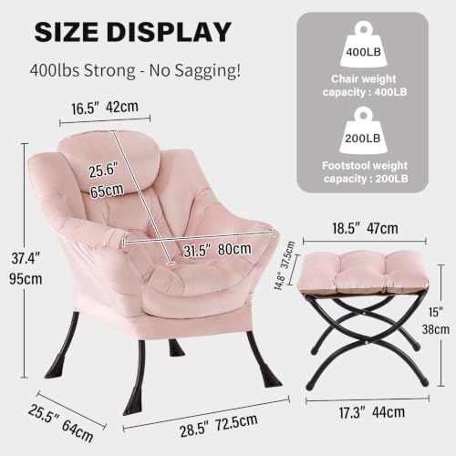 Tiita Lazy Chair with Ottoman, Comfy Reading Accent Chair, Velvet Pink - Image 2