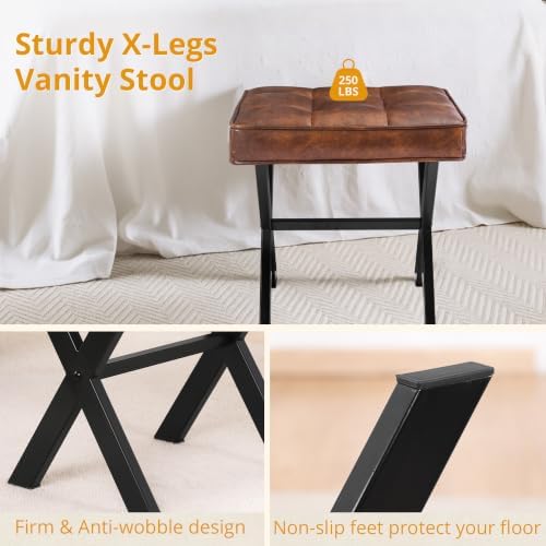 LUE BONA Vanity Stool, Square Faux Leather Makeup Stool with Metal X Legs, Small Ottoman Stool Chair for Vanity, Modern Padded Vanity Seat Foot Rest Stool for Makeup Room, Living Room, Reddish Brown - Image 6