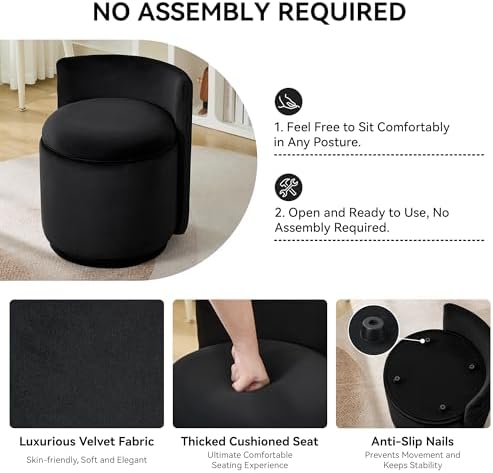 WUTUTUEE Velvet Vanity Chair with Storage, 360° Swivel Makeup Chair with Wave Back, No Assembly Small Accent Stool for Bedroom, Dressing, Living Room, Black - Image 4