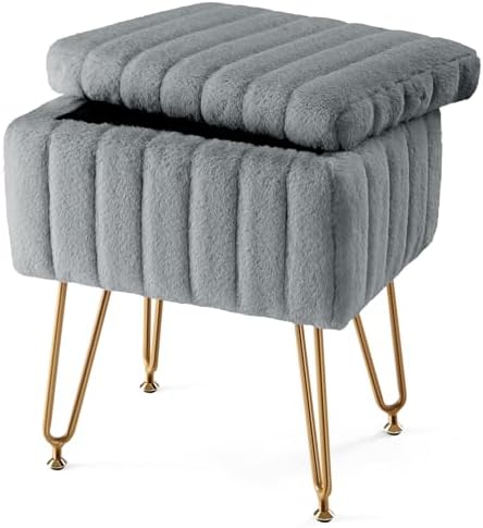 Sweetcrispy Vanity Stool Chair with Storage, 18.9”H x 16”L x 12.2”W Ottoman Chair Faux Fur Soft Padded Makeup Footstools Seat with 4 Metal Legs Anti-Slip Adjustable Feet for Make Up, Grey by Sweetcrispy