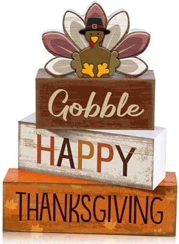 Lineshading 4 Pcs Fall Table Decor Wood Turkey Block Signs, Thanksgiving by Lineshading