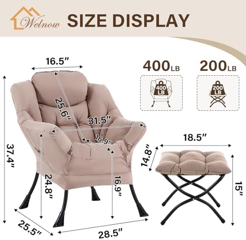 Welnow Lazy Chair with Ottoman, Reading Chair with Footrest，Khaki - Image 3