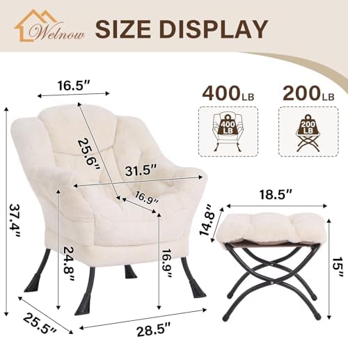 Welnow Lazy Chair with Ottoman, Reading Chair with Footrest, Cream - Image 3
