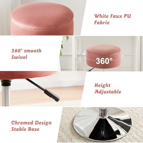 Adjustable Vanity Stool with Storage Swivel Vanity Chair Makeup Stool Pink - Image 6