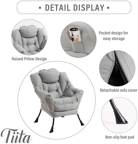 Tiita Lazy Chair with Ottoman, Comfy Reading Accent Chair, Light Grey - Image 2