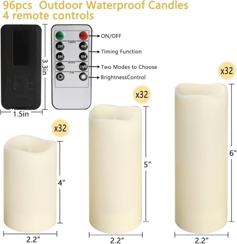 YOROXRG Set of 96 Waterproof Outdoor Flameless Candles, LED Candles with 4 Remote and Timer,(H 4" 5" 6" x D 2.2"),for Halloween Wedding Festival - Image 5
